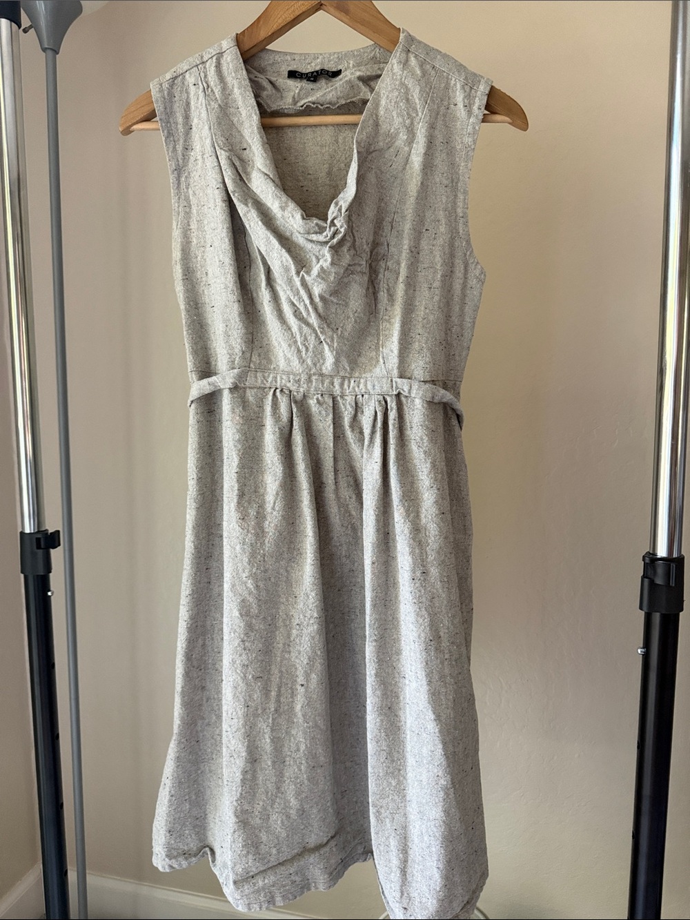 Curator Sleeveless Light Gray Empire-Waist Mini Dress Linen Blend Cowl Neck